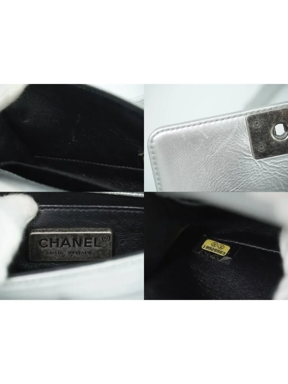 Chanel Boy CC Logo Chain Shoulder Bag Pochette Garu Sha Leather Metallic Silver